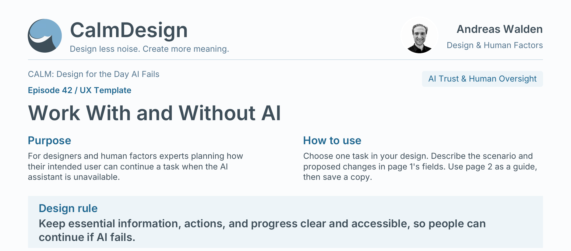 Preview of the Work With and Without AI template, showing its purpose, use instructions, and design rule.
